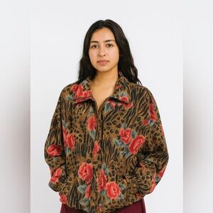 Floral Leopard Print Women's ZipUP Vintage Apparel Bomber Jacket by EVR- Size XL